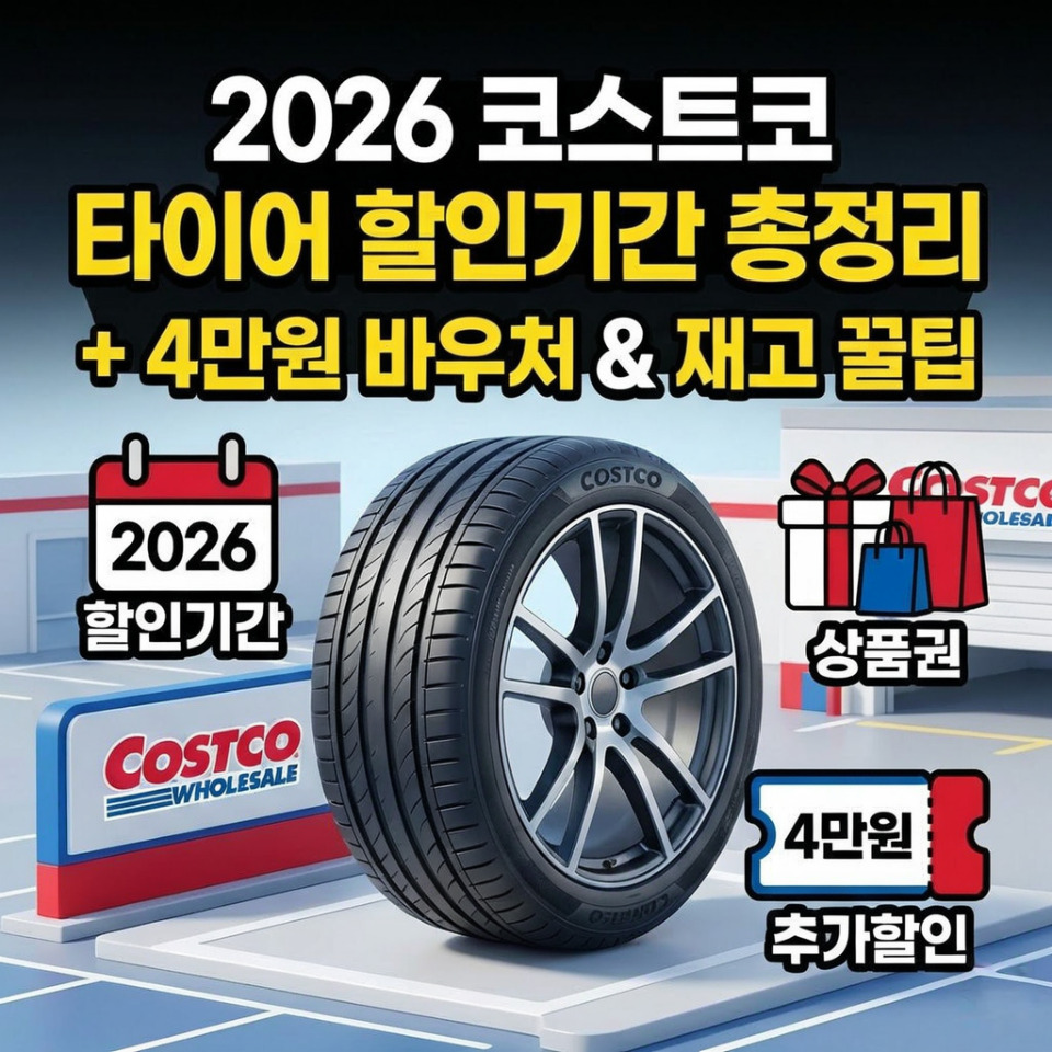 '2026 코스트코 타이어 할인기간 총정리' 텍스트와 타이어, 바우처 혜택 아이콘이 포함된 정사각형 블로그 썸네일 이미지