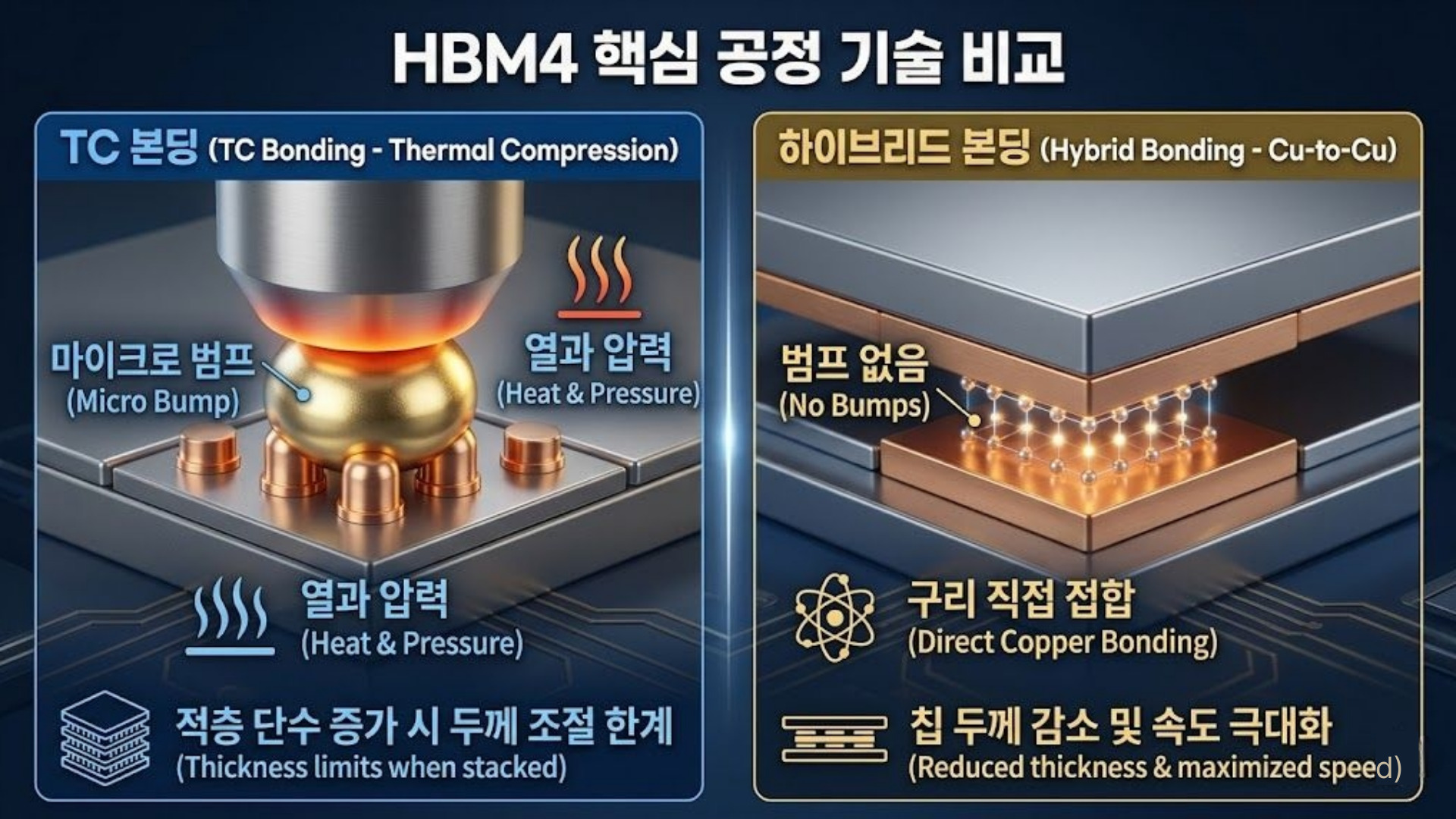 HBM4 패키징 핵심 공정 기술 비교: TC 본딩 vs 하이브리드 본딩 인포그래픽