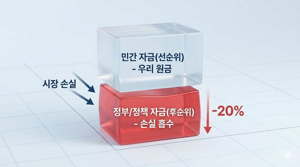국민성장펀드에서 손실 발생 시 정부 자금이 민간 투자자 자금보다 먼저 손실을 흡수하는 후순위 투자 구조를 보여주는 3D 다이어그램