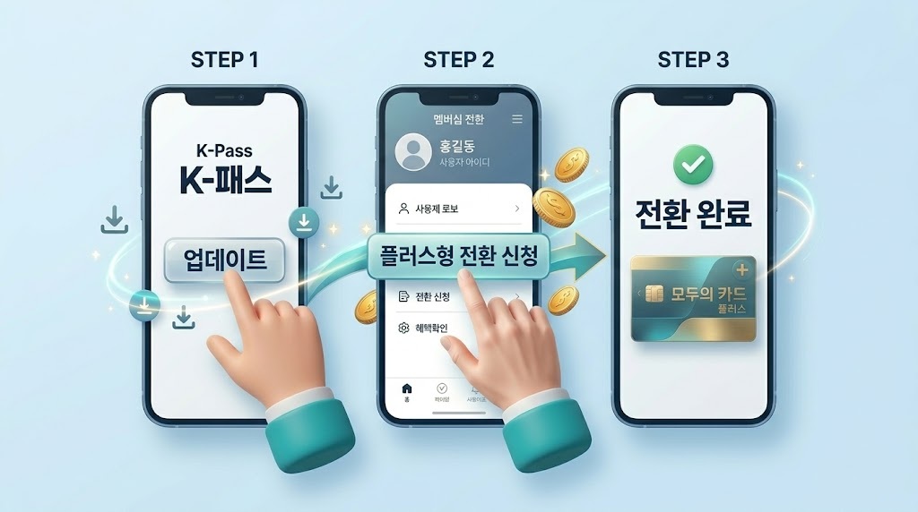 K-패스 앱에서 모두의 카드 플러스형으로 멤버십을 전환하는 3단계 과정 시각화