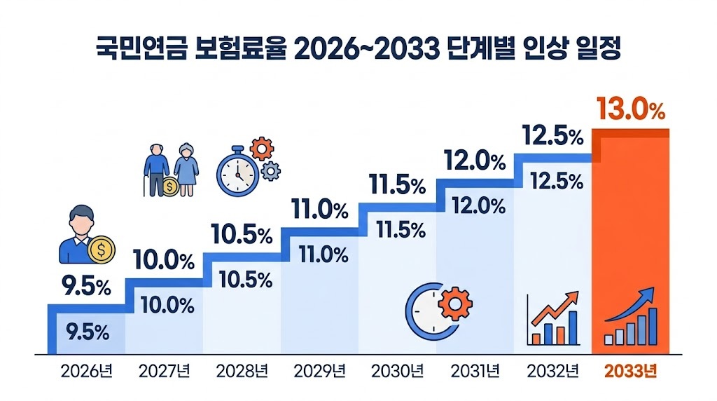 국민연금 보험료율 2026~2033 단계별 인상 일정 인포그래픽