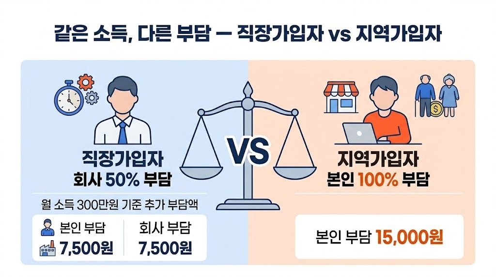 직장가입자 vs 지역가입자 국민연금 부담 비교
