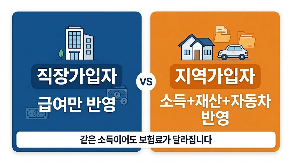 직장가입자 지역가입자 건강보험료 산정 기준 차이 비교 인포그래픽