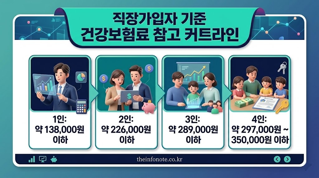 2026년 가구원수별 소득 하위 70% 건강보험료 기준 금액 인포그래픽