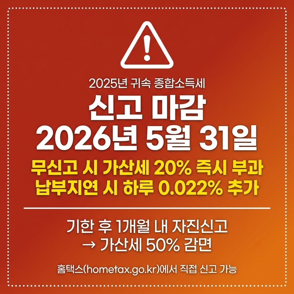 2026년 종합소득세 신고 마감일 5월 31일 무신고 가산세 20% 경고