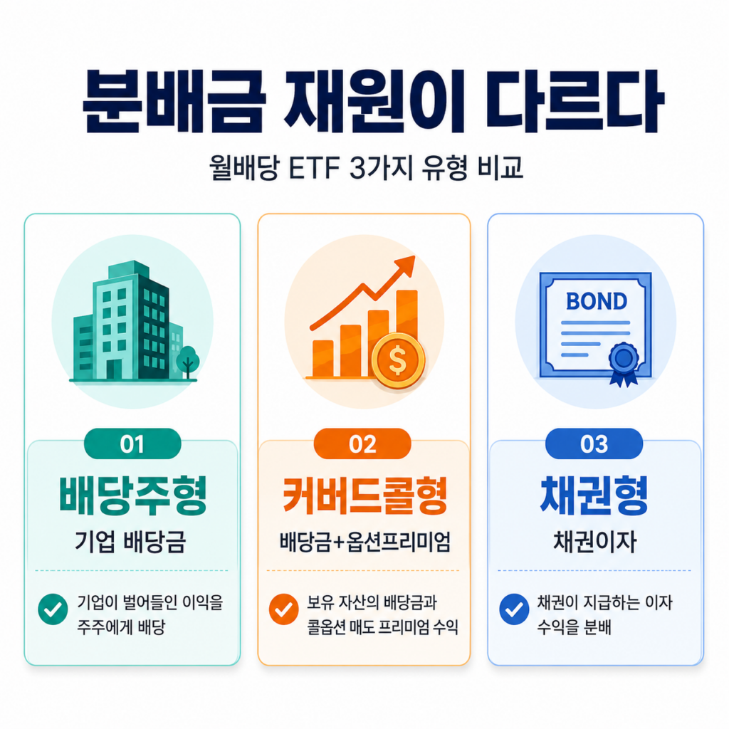 월배당 ETF 배당주형 커버드콜형 채권형 분배금 재원 비교