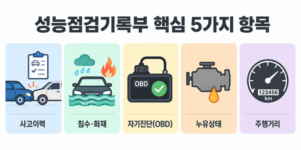 성능점검기록부 핵심 5가지 항목 인포그래픽