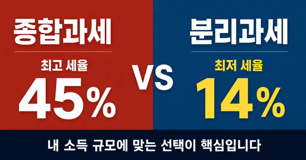 종합과세 vs 분리과세 세율 비교 — 종합과세 최고 45% vs 분리과세 최저 14%