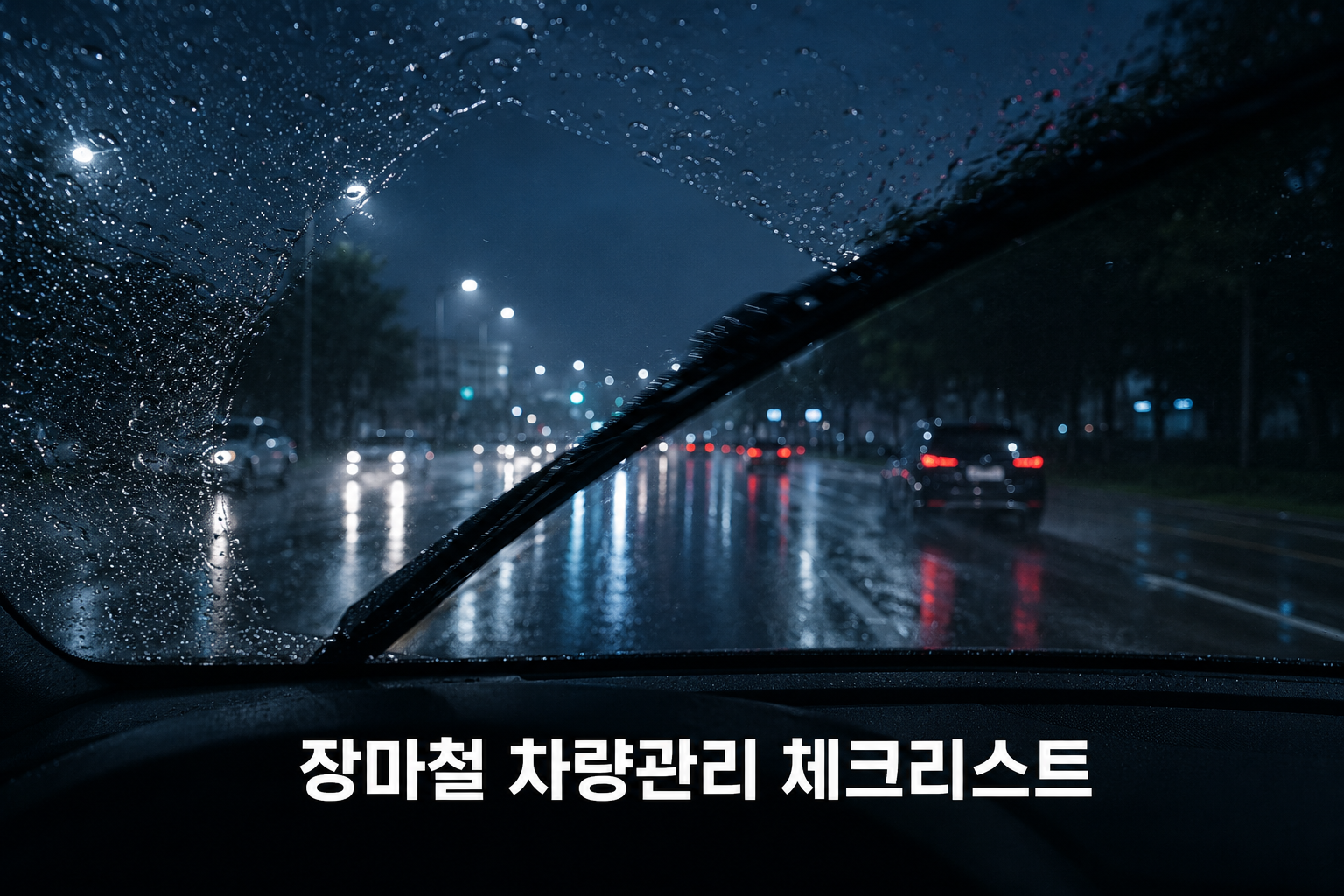 장마철 차량관리 체크리스트, 빗길에서 와이퍼 작동하는 차량 이미지