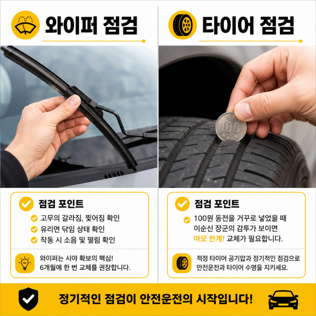 장마철 차량관리 와이퍼 교체 시기와 타이어 마모도 점검 방법 인포그래픽