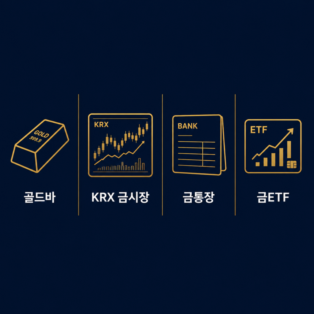 골드바 KRX 금시장 금통장 금ETF 등 금 투자 방법 4가지 비교 일러스트